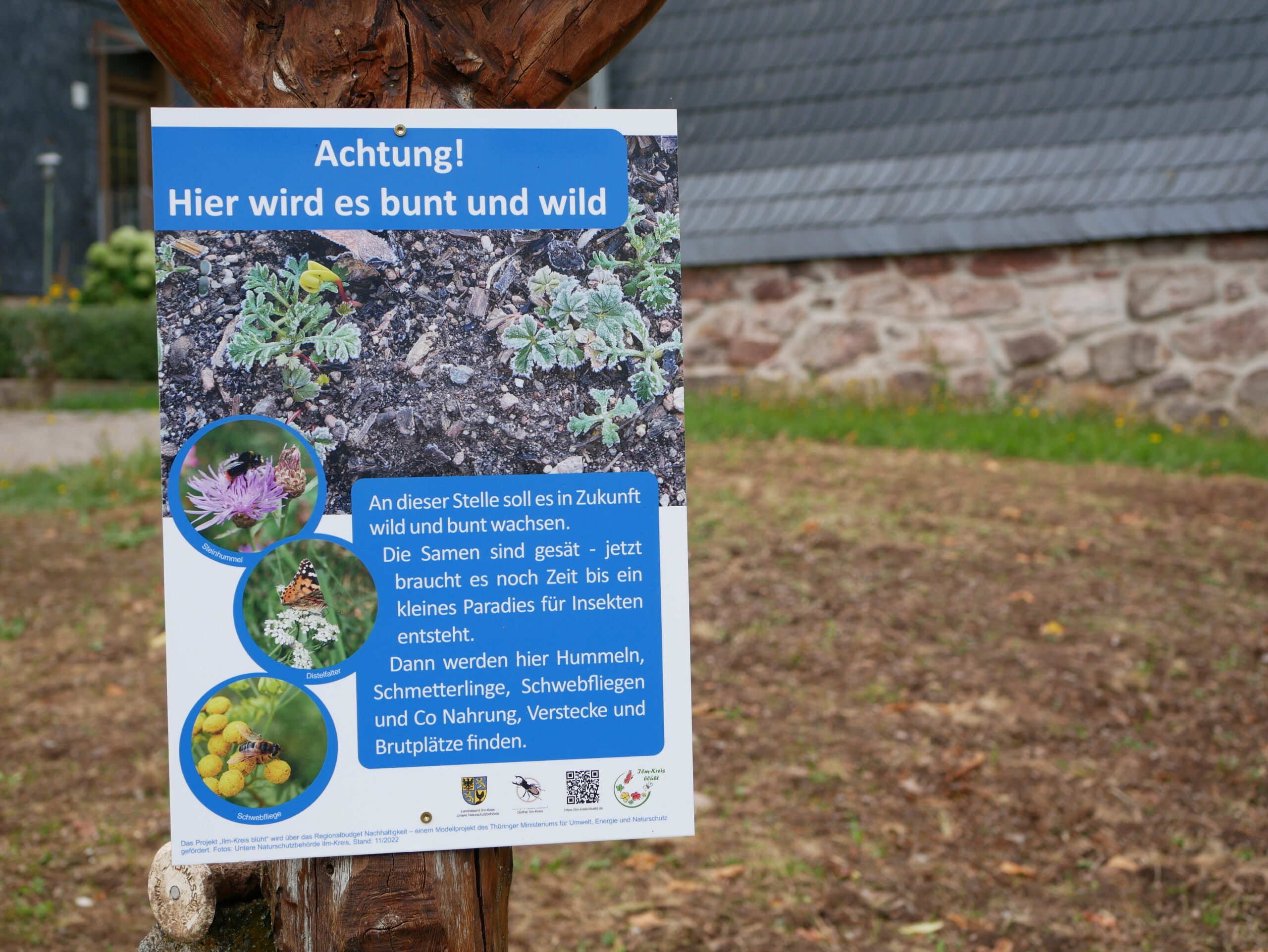 Infosschild "Achtung! Hier wird es bunt und wild" an der frisch eingesäten Blühwiese in Gillersdorf im September 2023